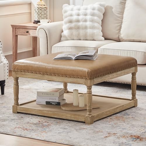 33-Inch Large Square Ottoman Coffee Table for Living Room, Leather Ottoman Foot Rest Stool, Upholstered Coffee Table with Storage Shelf for Bedroom