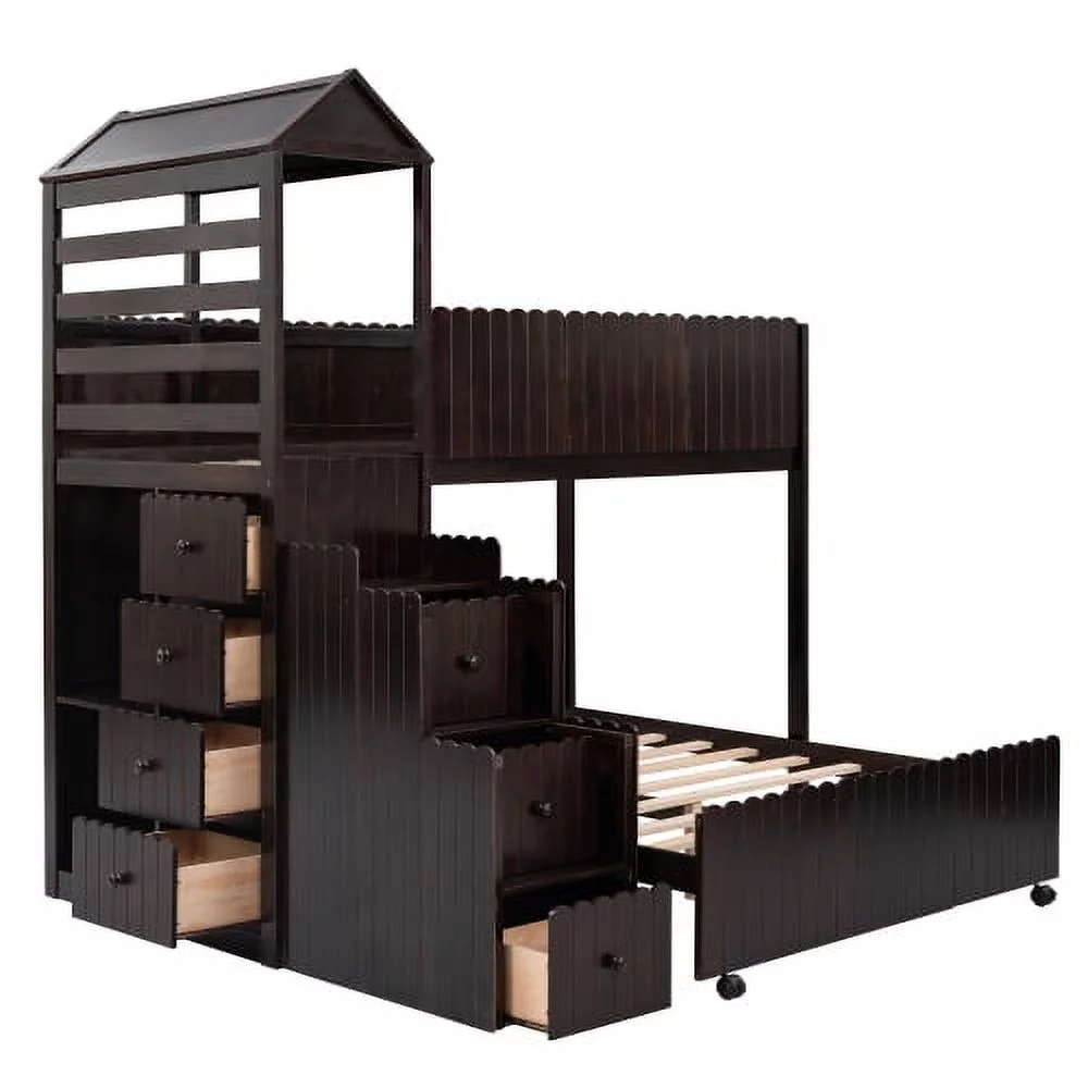 CHURANTY Wood Twin Over Full Loft Bed Stairway House Bed with Stairs and Drawers
