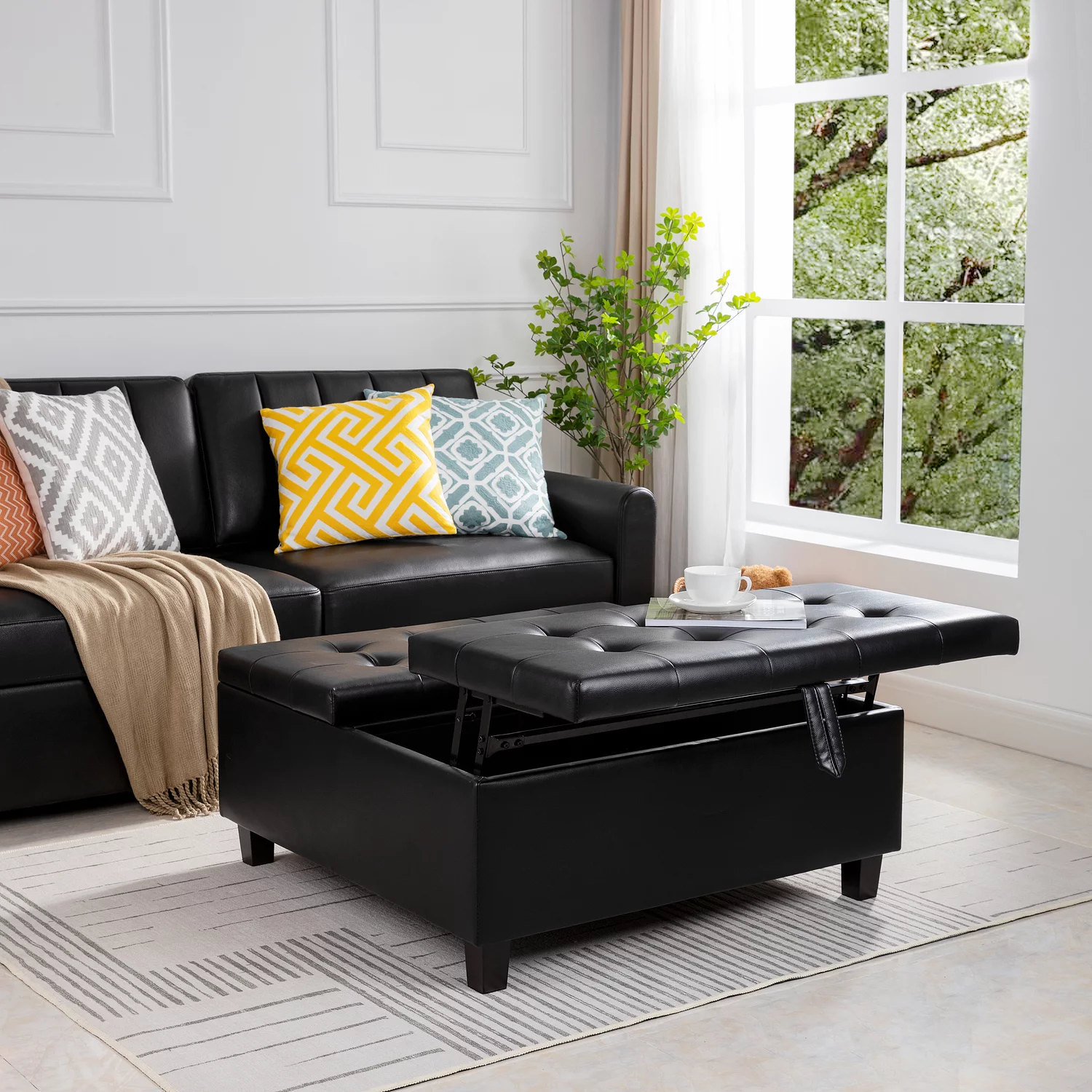 Ciara 35-Inch Air Leather Tufted Upholstered Lift-Top Ottoman Bench, Large Square Storage Coffee Table for Living Room Black