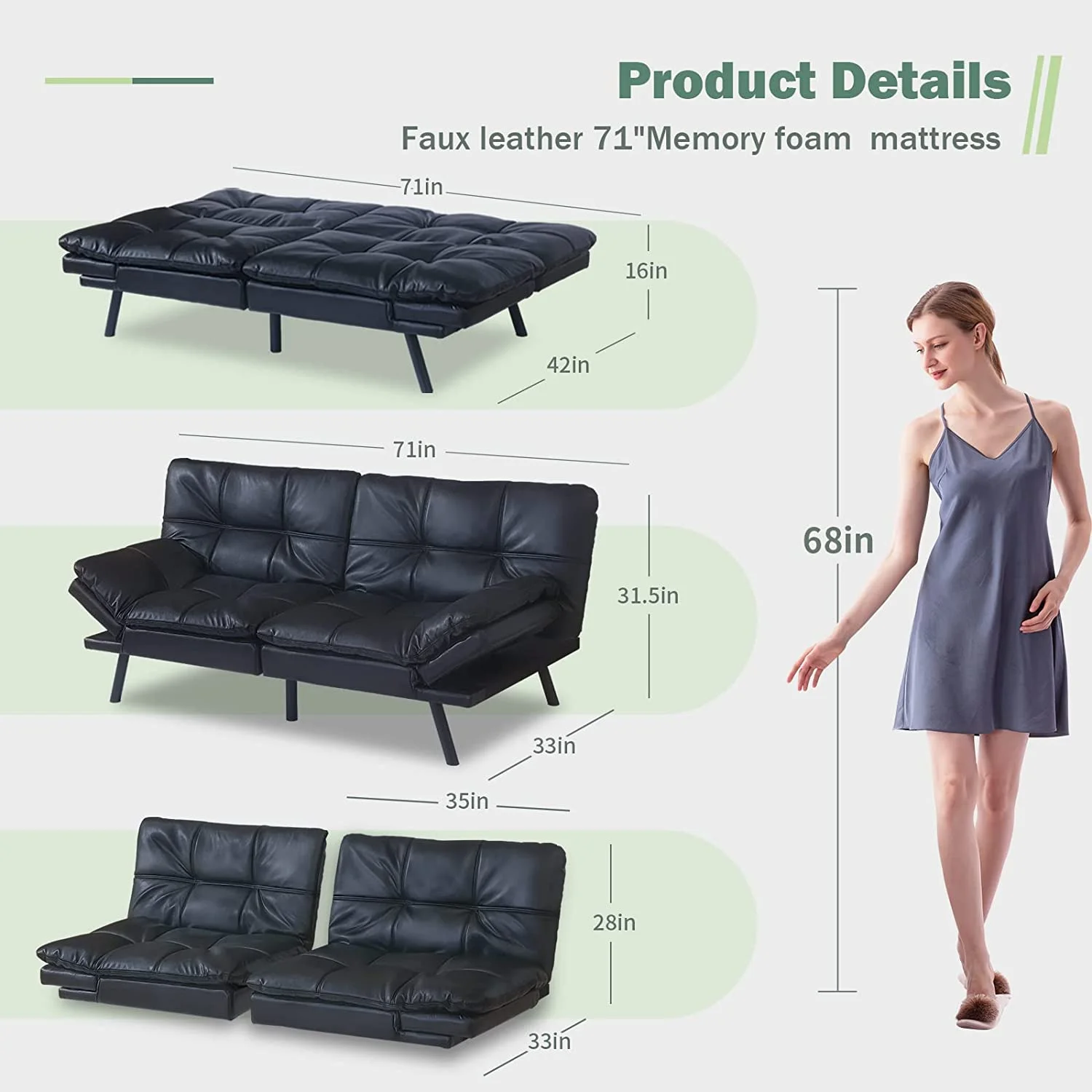 Convertible Futon Sofa Bed,Black Leather Memory Foam Loveseat Futons Sofa Couch,Small Euro Lounger Sofa For Compact Living Spaces,Apartment,Dorm