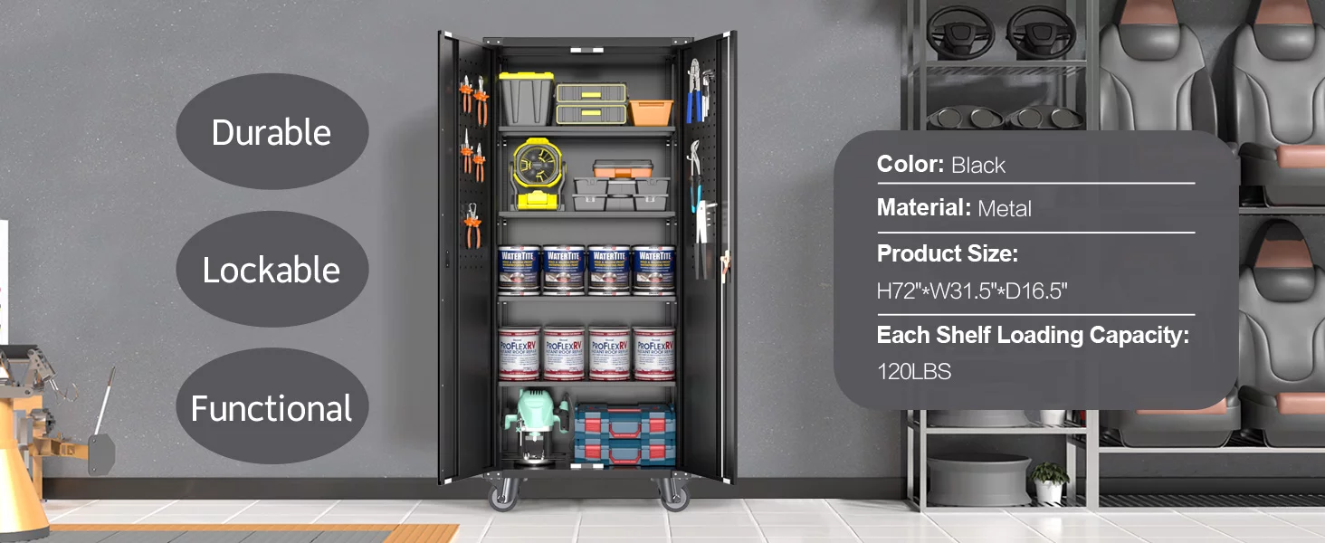 SUPEER 72 Inches Black Metal Storage Cabinet with Wheels and Pegboard, Rolling Storage Garage Cabinet with Adjustable Shelves and Door for Garage