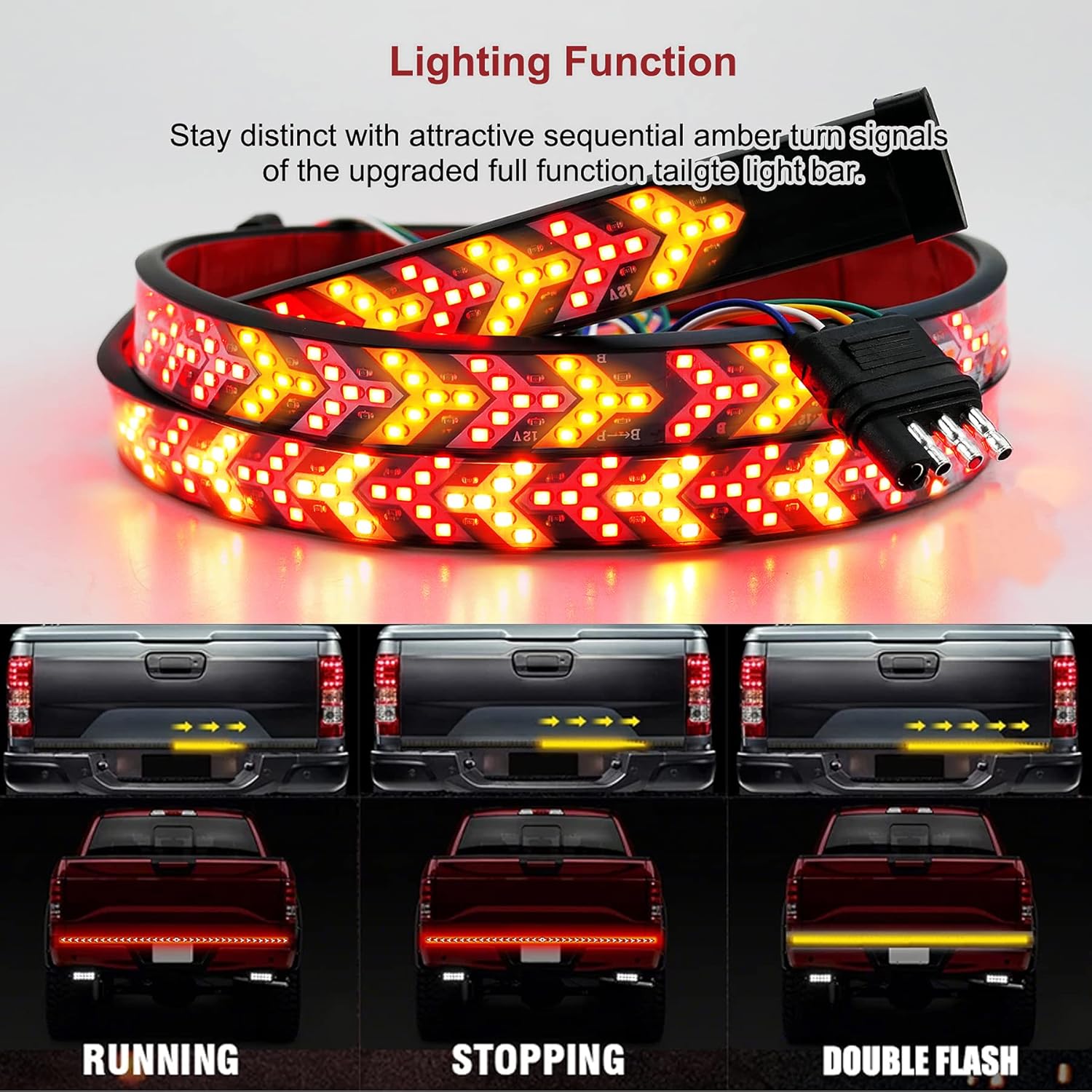 EMIHO Fishbone Tailgate Light Bar 60 Inch 528 LED Light Strip Brake Running Sequential Turn Signal Strip Strobe with 4-Pin Flat Connector for Truck