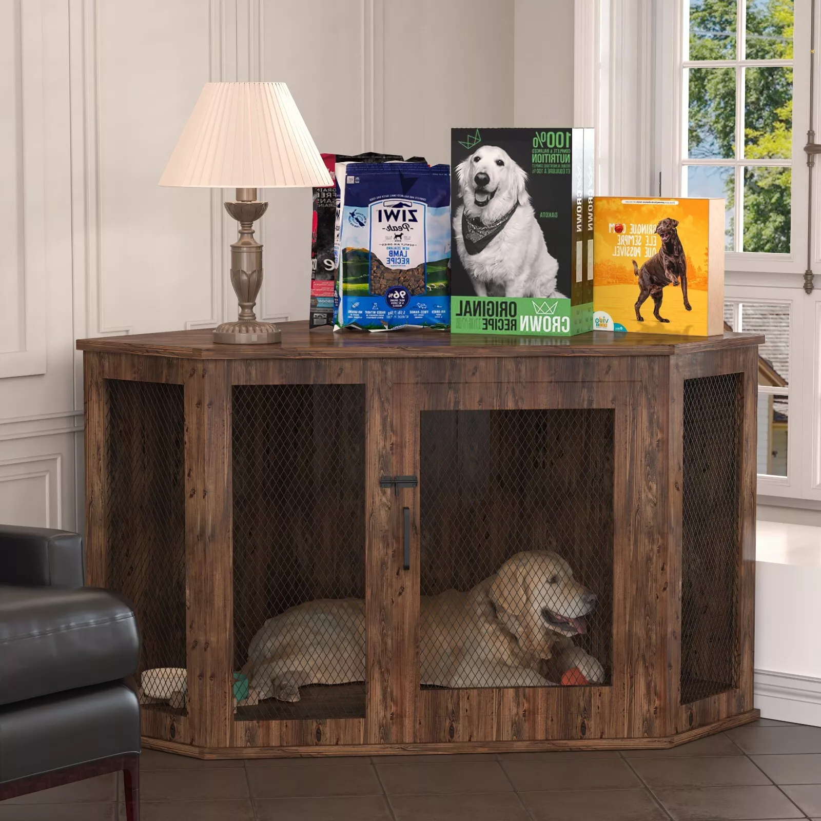 KPIBEST Corner Dog Crate Furniture, Dog Kennel Furniture with Metal Mesh, Wooden Dog Crate End Table, Small Medium Dogs, Brown