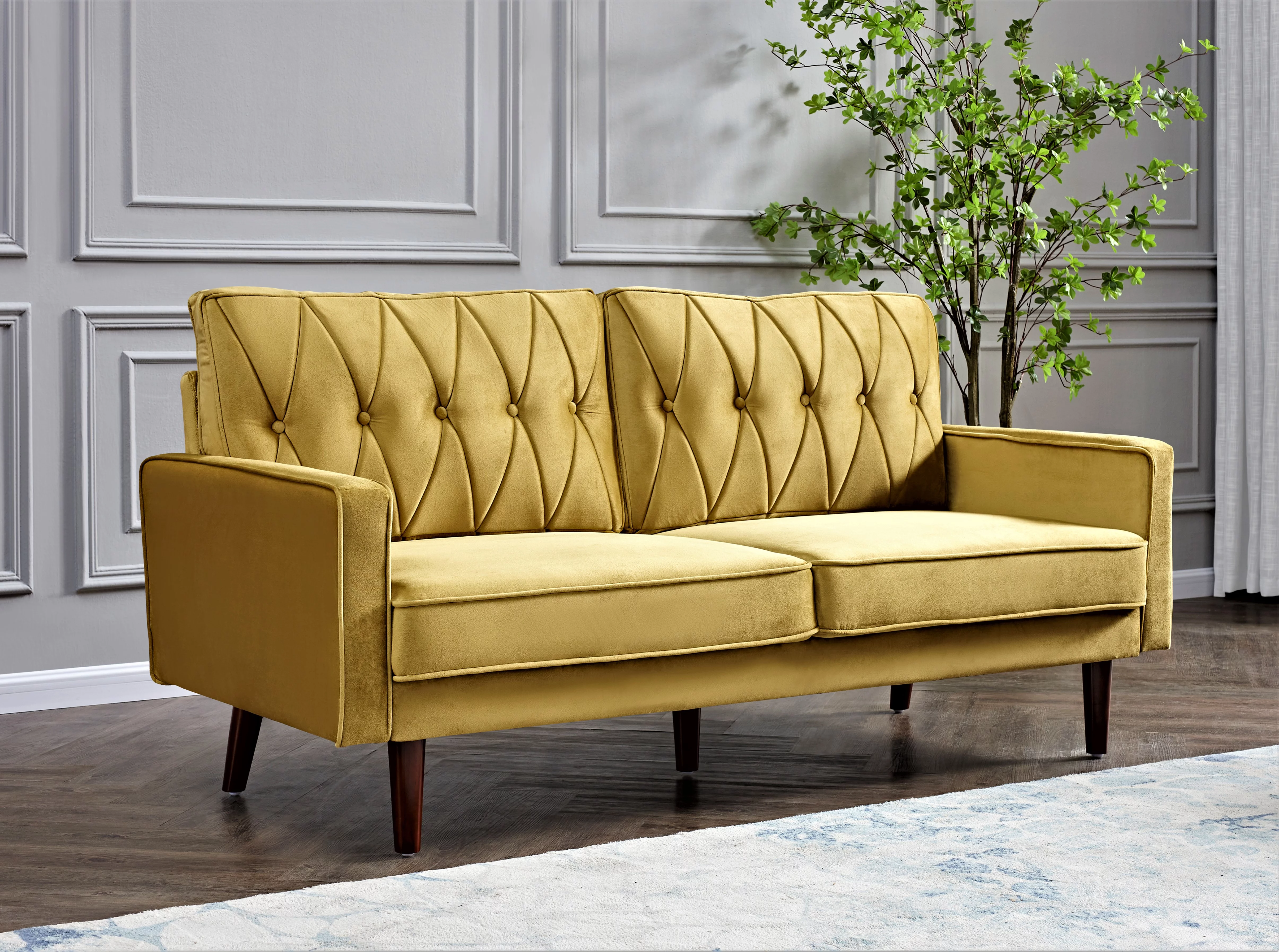 Uspridefurniture Feemster 69.3'' Velvet Square Arm Sofa -Yellow