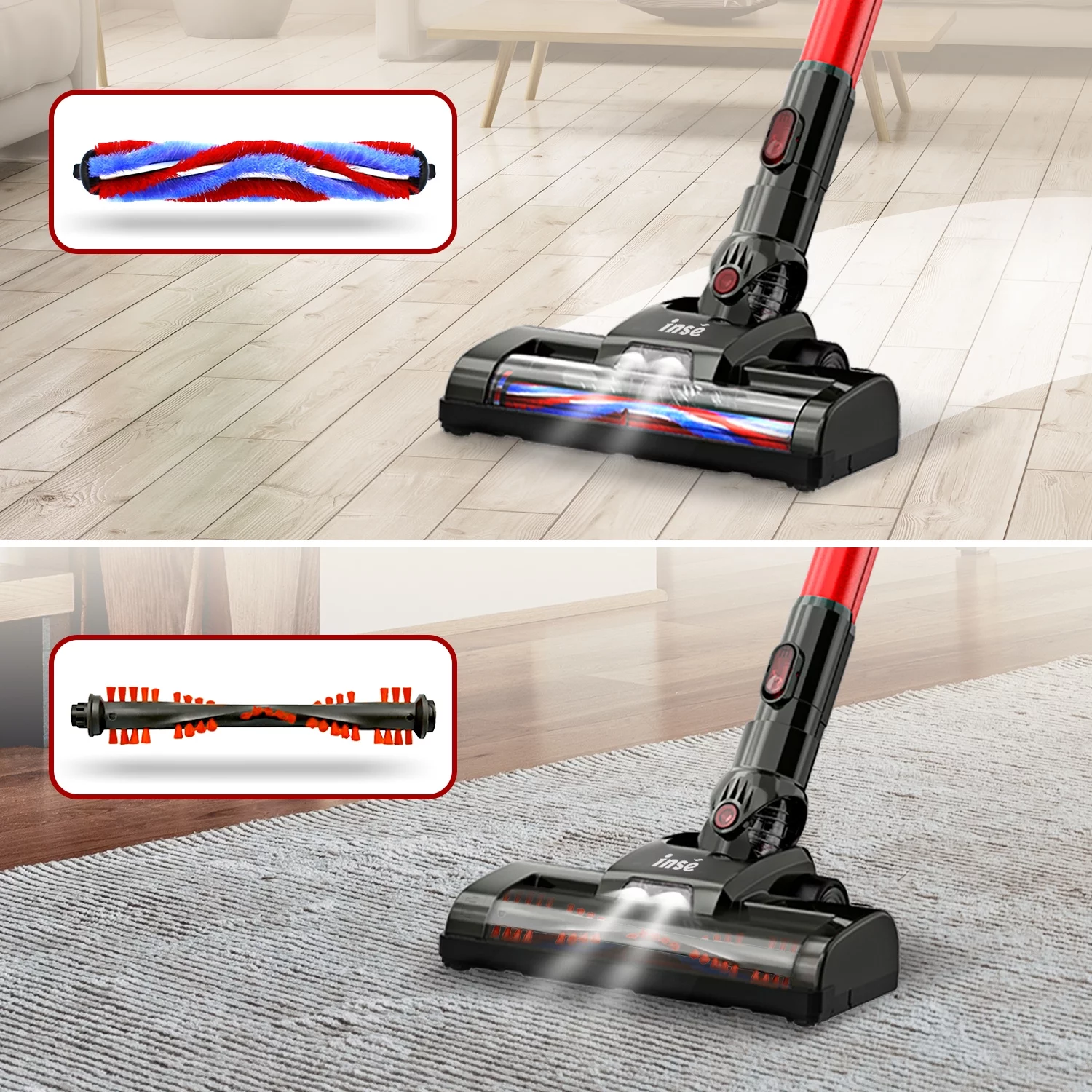 INSE N6 Vacuum Cleaner 160W Rechargeable Cordless Stick Vacuum, up to 45 minutes for Home Hard Floor Carpet Pet Hair, Red