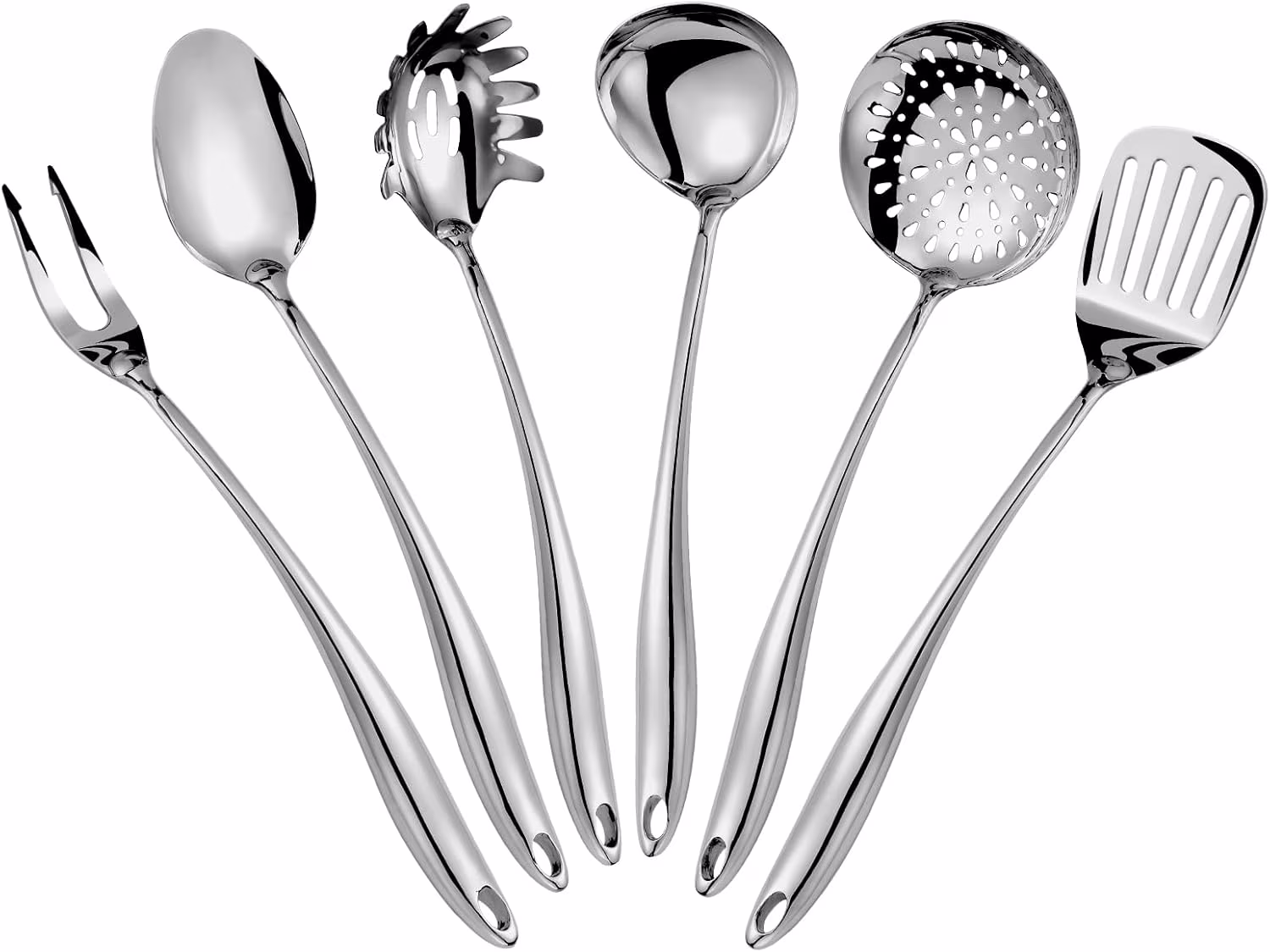 304 Stainless Steel Kitchen Utensils Set, 6 Pcs Long Metal Cooking Utensil with Spatula, Solid Spoon, Ladle, Skimmer, Spaghetti Spoon, Meat Fork