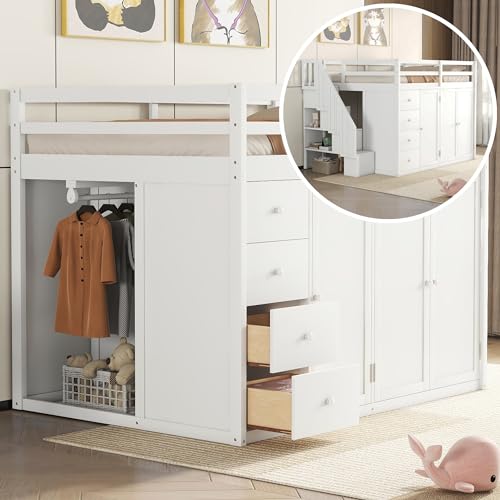 Full Size Loft Bed with Desk & Wardrobe, Solid Wood Kids Loft Bedframe w/3 Storage Drawers & 2 Shelves, Maximum Space Design, for Bedroom, Dorm, Gray