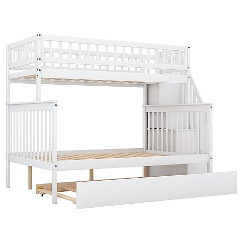 Harper & Bright Designs Bunk Beds Twin Over Full Size, Bunk Bed with Trundle,Storage Shelf and Stairway