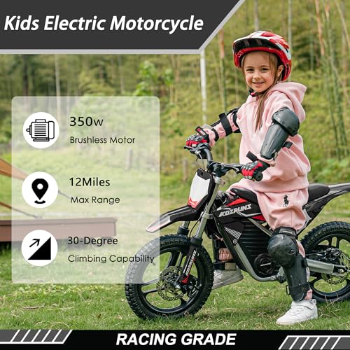 OLALA 36V Electric Dirt Bike for Kids Aged 4-8, Brushless 350W Racing Grade Electric Motorcycle, Up to 18.6MPH & 3 Speed Settings, Dual Disc Brakes