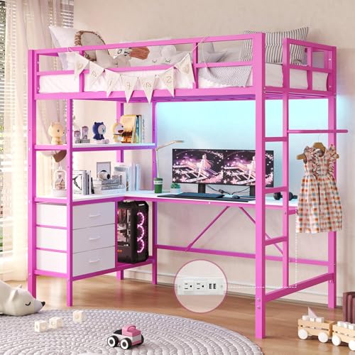 DICTAC Loft Bed Full Size with L-Shaped Desk and Charging Station Full Metal Bed Frame with LED Lights,Open Shelves and 3 Fabric Storage Drawers