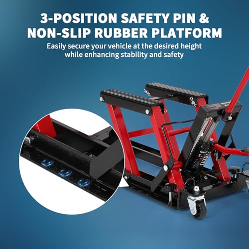 Hydraulic Motorcycle Lift Jack 1500Lb Capacity ATV Scissor Jack with 4.7-14.57in Height Adjustment, Non-Slip Platform & 360° Swivel Casters