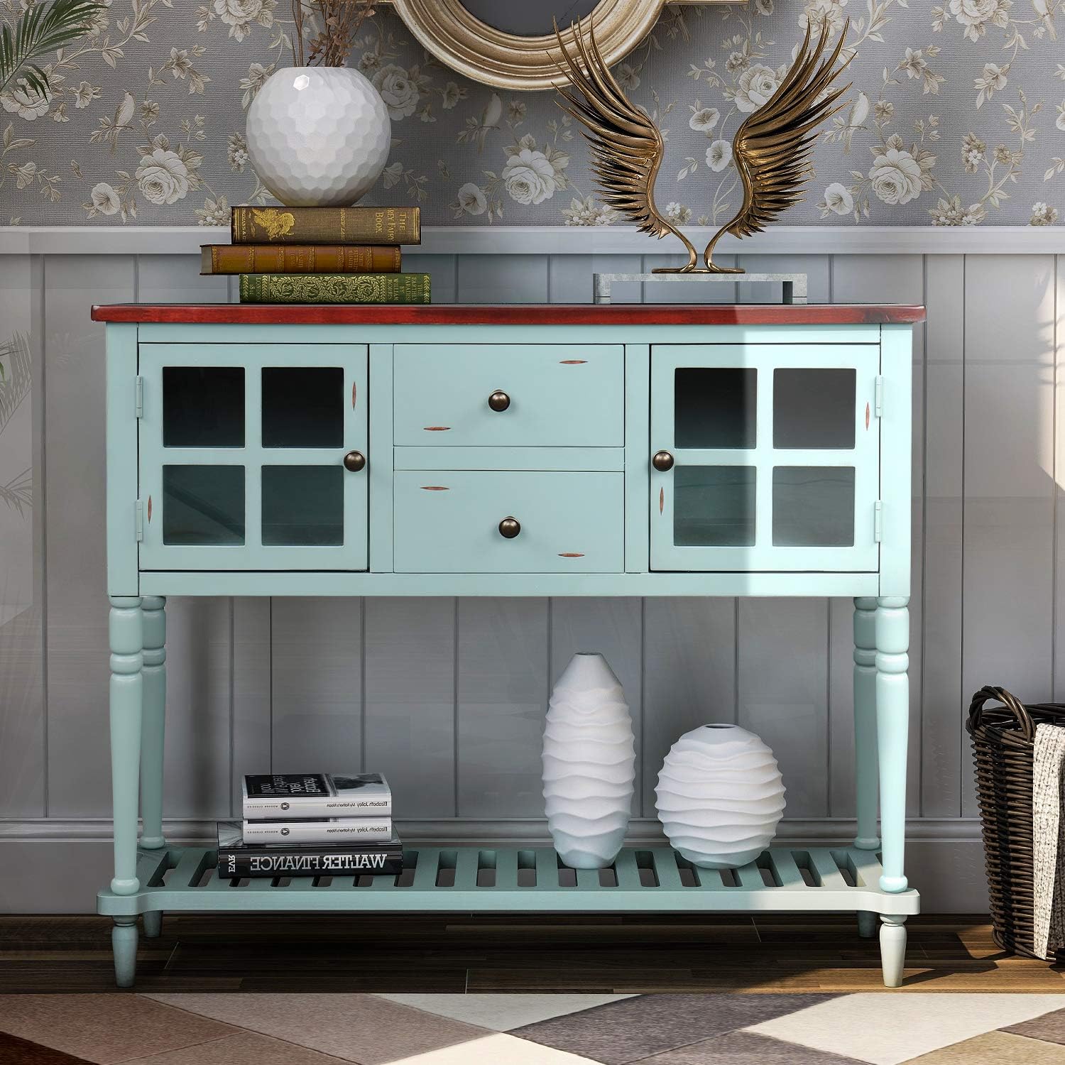 Knocbel 42 Inch Antique Console Table with Glass Doors, Drawers and Bottom Slatted Shelf