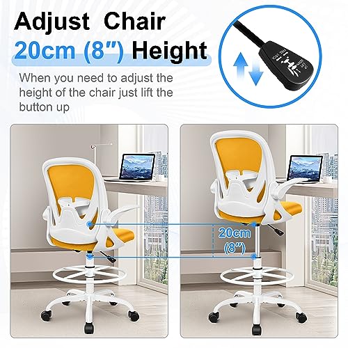 Primy Drafting Chair Tall Office Chair with Flip-up Armrests Executive Ergonomic Computer Standing Desk Chair with Lumbar Support and Adjustable