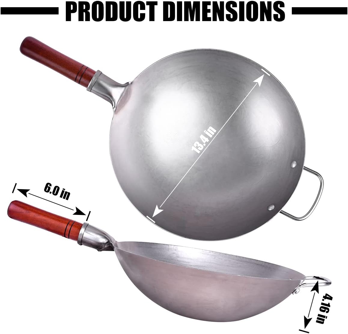 Carbon Steel Wok Traditional Hand Hammered Wok - 13.4” Chinese Wok Round Bottom Wok Pan Set with 8 Pcs Cookware Accessories