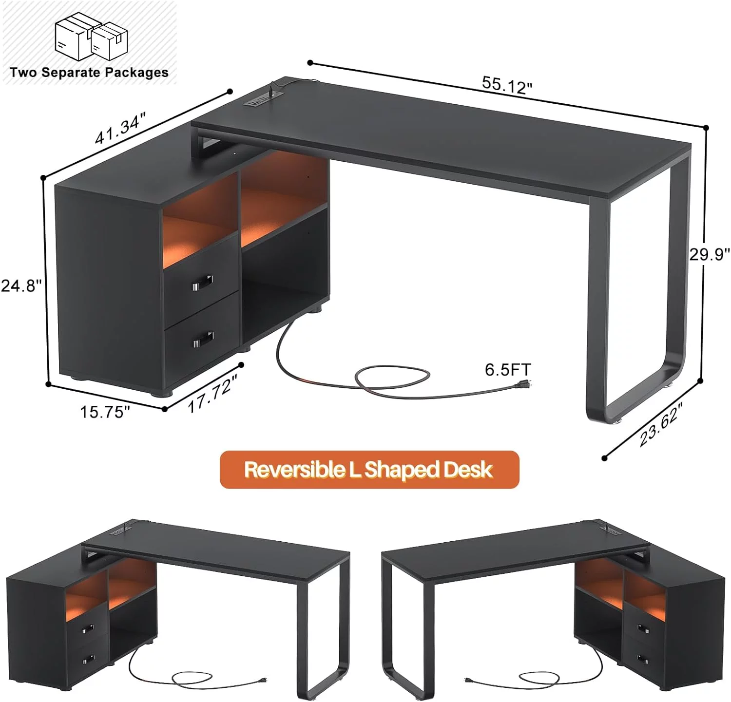 L Shaped Desk with File Cabinet & Power Outlet, Reversible 55 Inch Large Corner Computer Desks with LED Strip