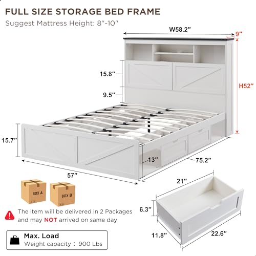 Queen Size Wood Bed Frame Farmhouse with 52" Tall Storage Bookcase Headboard, LED Light,Charging Station,4 Drawers and Solid Wood Slats Support