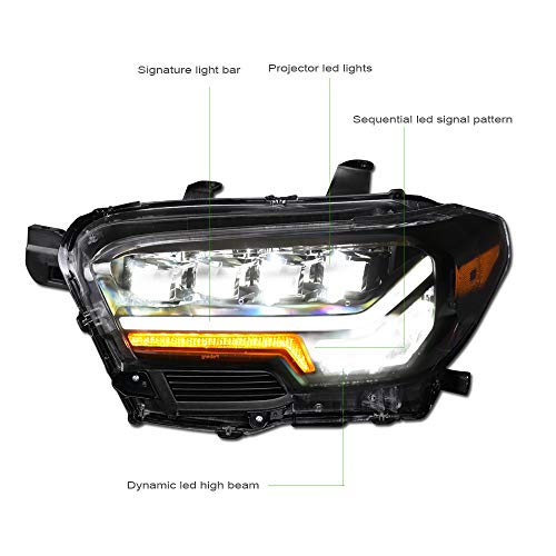 7422444293245 Compatible With 2016-2022 Toyota Tacoma Non-Factory LED DRL Black Housing Full LED Sequential Quad Projector Headlights With Amber
