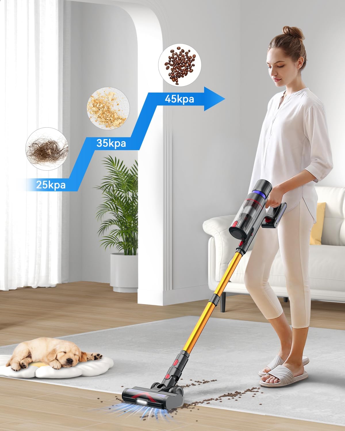Cordless Vacuum Cleaner, 550W/45Kpa Stick Vacuum with Touch Screen, Max 55 Mins Runtime, Wireless Vacuum Cleaners for Home, Anti-tangle Brush