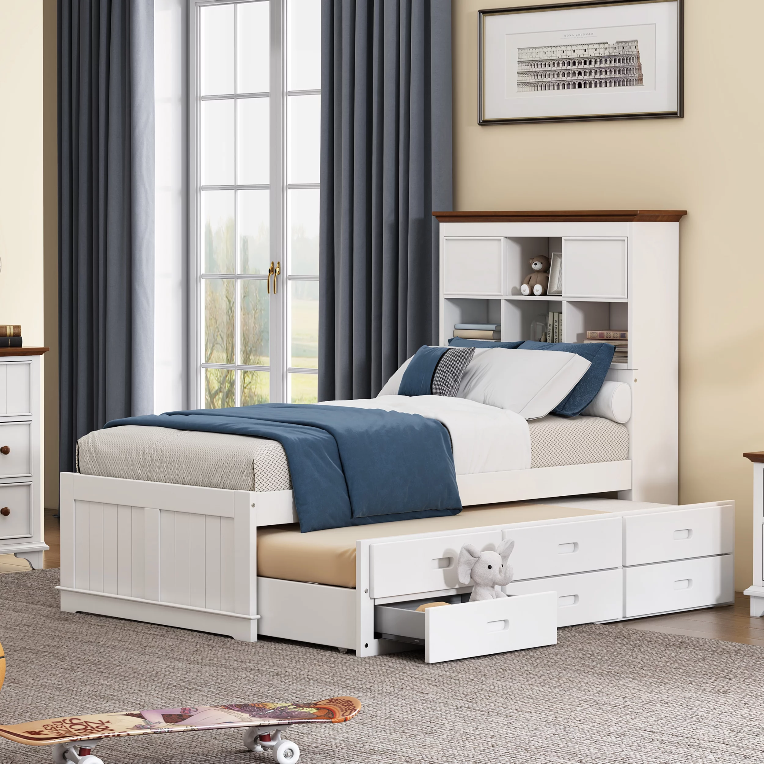 Royard Oaktree Solid Pine Captain Bed with Trundle and Bookcase Wood Platform Bed Frame with 3 Spacious Under Bed Drawers in Casual, Twin