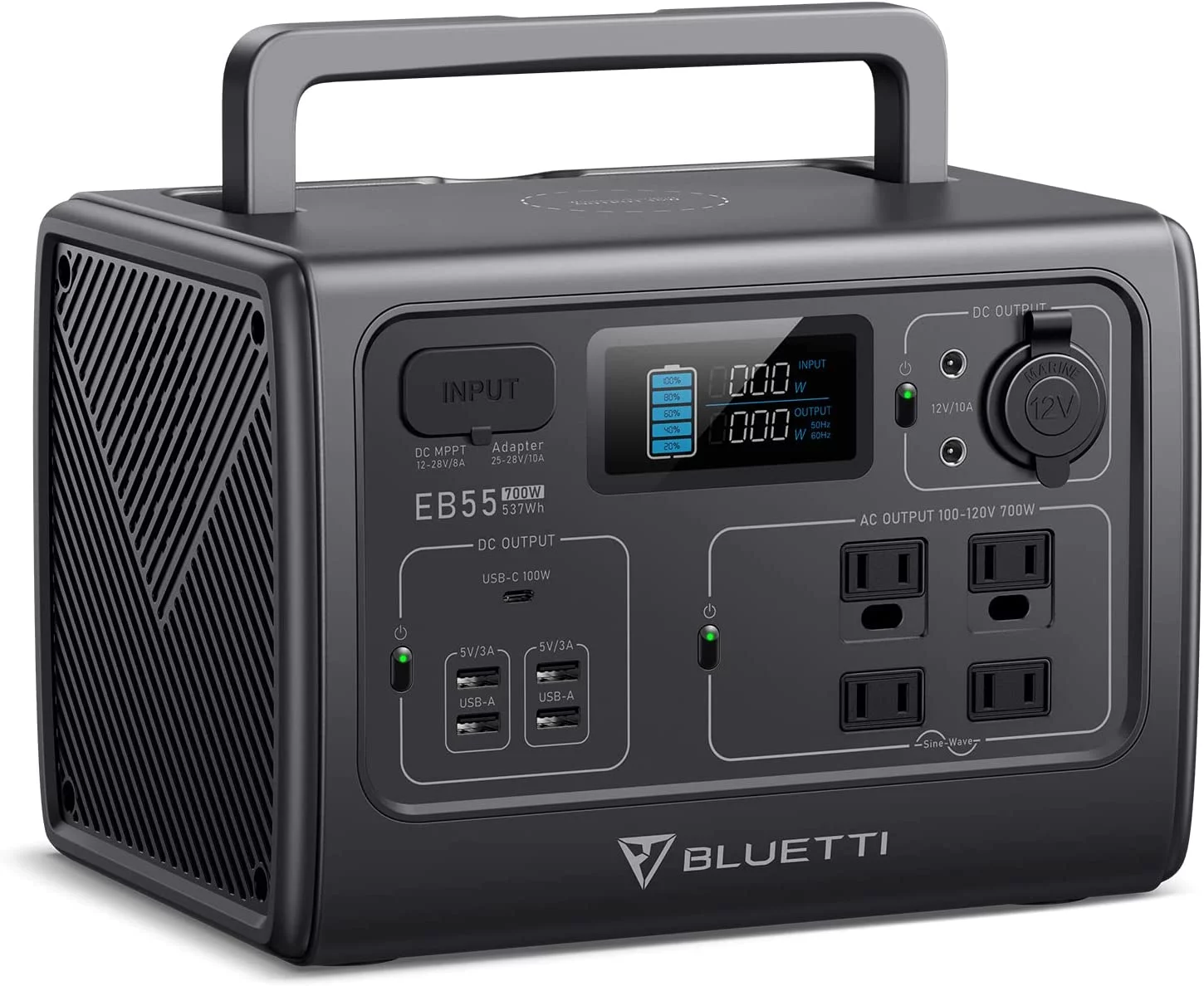 Bluetti Portable Power Station EB55, 537Wh Capacity Solar Generator, 700W AC Outlets (1400W Peak), for Outdoor Camping, Off-grid, Blackout