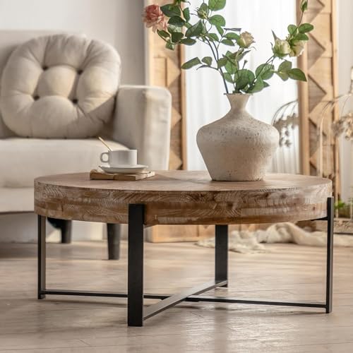 Antique Round Coffee Table Solid Wood Coffee Table, 31.29 inch Farmhouse Coffee Table with Cross Metal Base