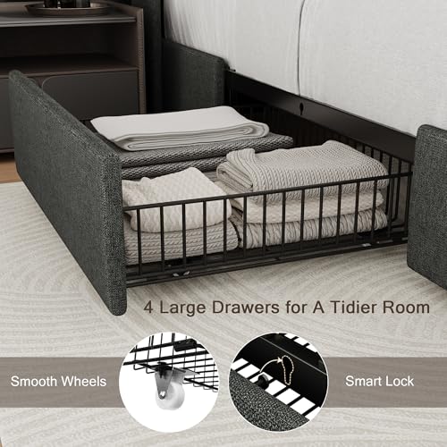 Queen Bed Frame with 4 Storage Drawers and Charging Station, Upholstered Platform Bed Frame with Storage Headboard, No Box Spring Needed