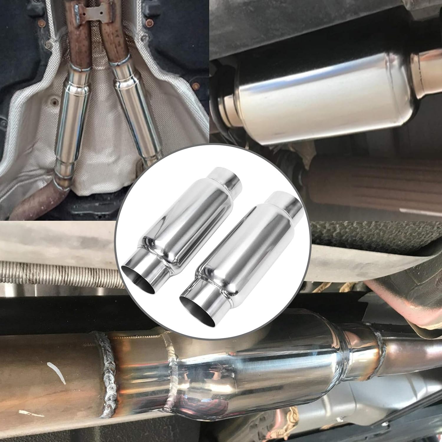 BLACKHORSE-RACING 3" Inlet 3" Outlet Exhaust Muffler, Pair of 3 Inch Resonator Universal Stainless Steel Exhaust Muffler Resonator for Cars