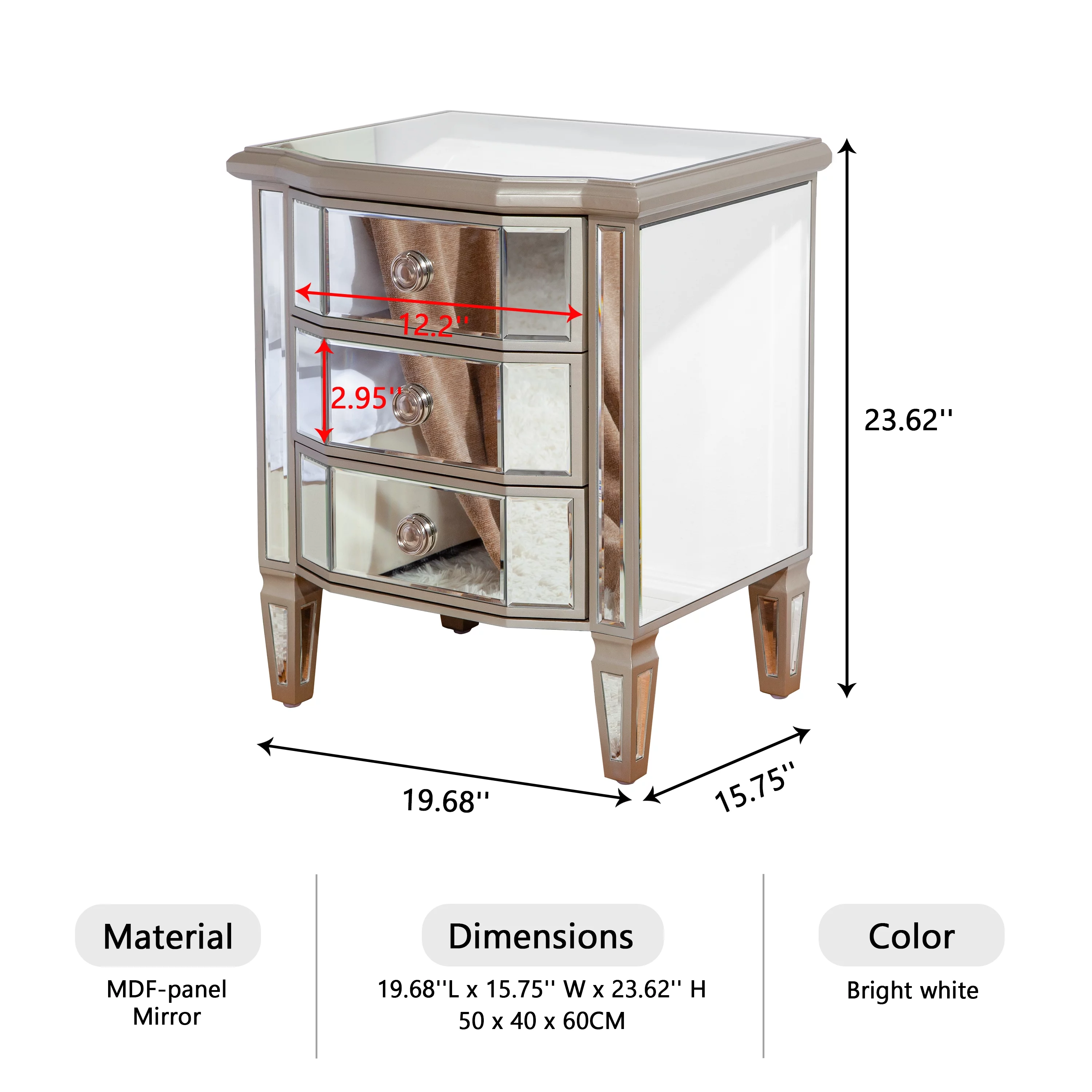 Accent Mirror Glass 3 Drawers Vintage Nightstand End Table Bedside Table Furniture for Bedroom, Living Room