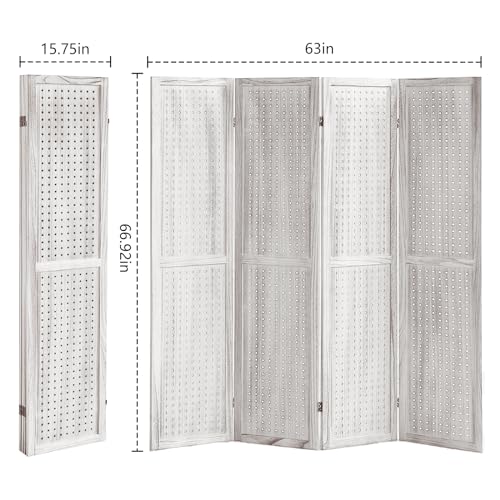 4 Panel Room Dividers and Folding Privacy Screens, 5.6Ft Wooden Pegboard Display, Privacy Dividers for Bedroom