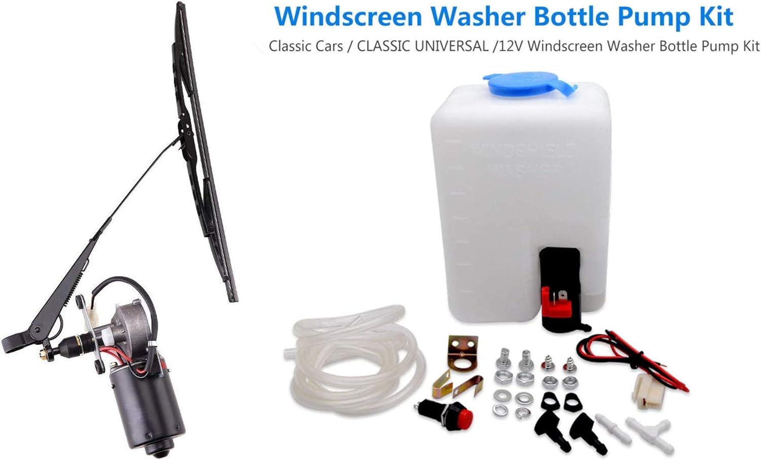 Universal 12V Electric Motor UTV Windshield Wiper Kit w/Windshield Washer Pump Kit Fit Hard Coated or Glass Windshields Polaris RZR Ranger etc.