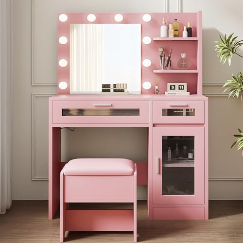 Vanity Desk with Mirror and Lights, Makeup Vanity with Drawer & Storage Shelves, Cabinet, 3 Lighting Modes Adjustable Brightness
