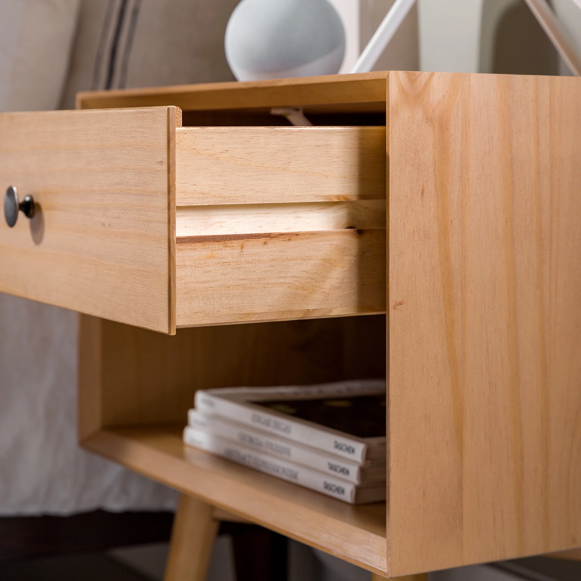 Walker Edison Mid Century Modern 1-Drawer Nightstand, Natural Pine