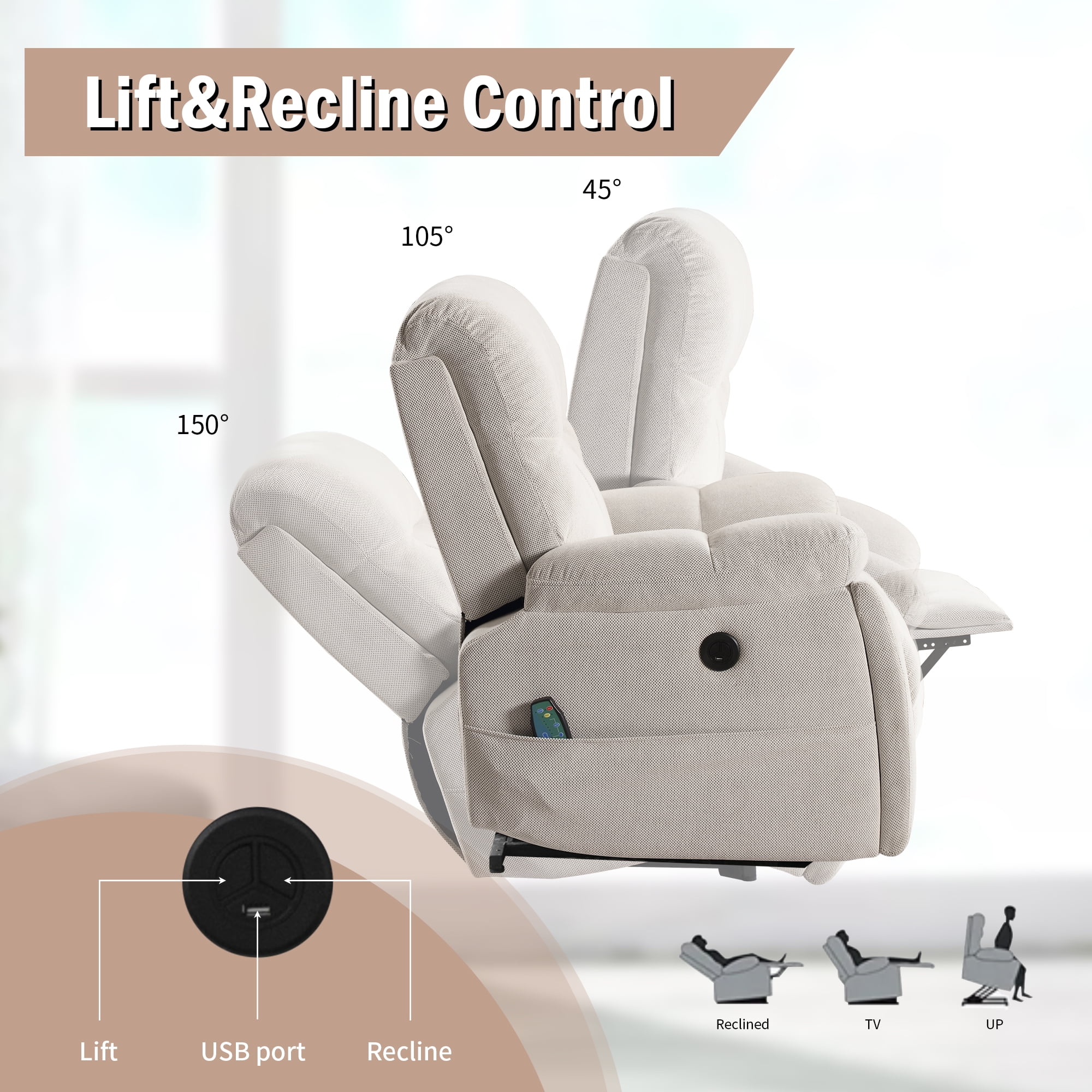 Kbest Large Power Lift Recliner Chair with Massage and Heat for Elderly, Overstuffed Wide Recliners, Heavy Duty Reclining with USB Ports
