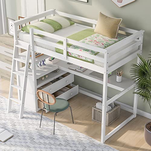 Full Size Loft Bed with Desk & Wardrobe, Solid Wood Kids Loft Bedframe w/3 Storage Drawers & 2 Shelves, Maximum Space Design, for Bedroom, Dorm, Gray