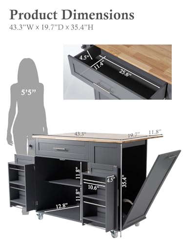 Kitchen Island with Storage, 31.5" D Rolling Kitchen Island Cart on Wheels with Widen Drop Leaf Rubberwood Top
