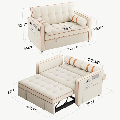 Marsail Sofa Bed, 3-in-1 Convertible Sleeper Sofa, Futon Couch with USB Charging, Side Pockets & Adjustable Backrest, Pull Out Couch for Living Room