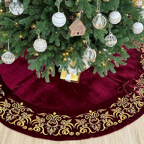 72-Inch Victorian Velvet Christmas Tree Skirt with Gold Damask Embroidery and Plush Lace Ties, Burgundy