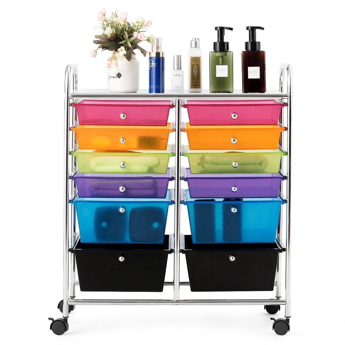 12-Drawers Rolling Storage Cart with Organizer Top - Clear