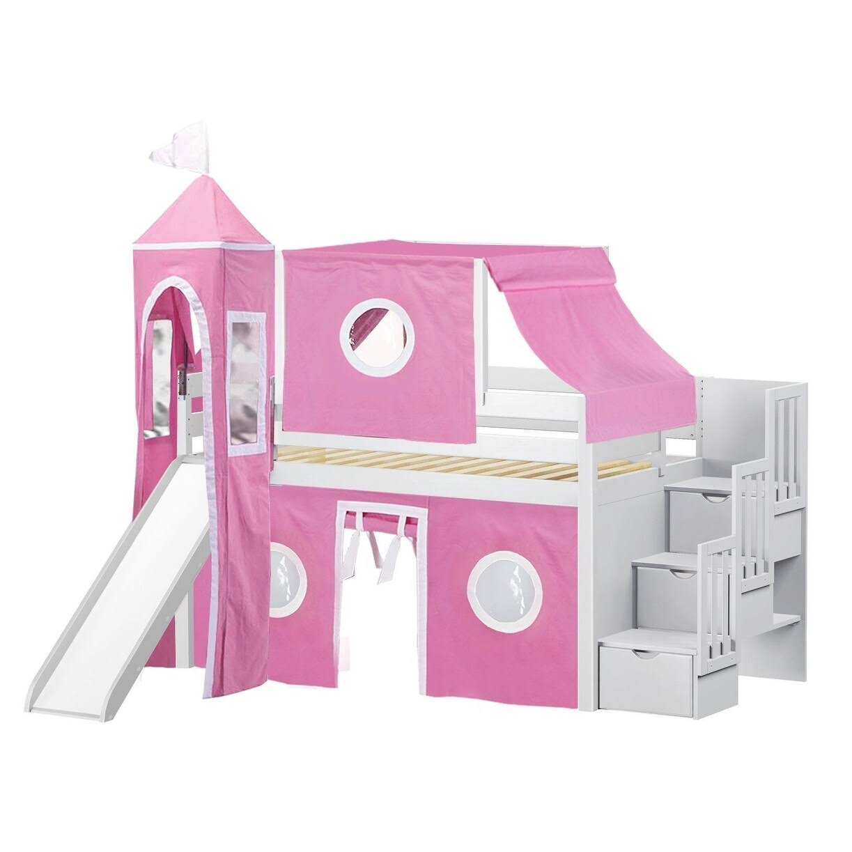 Jackpot! Princess Low Loft Twin Stairway Bed with Slide Pink Camo Tent and Tower, Blue