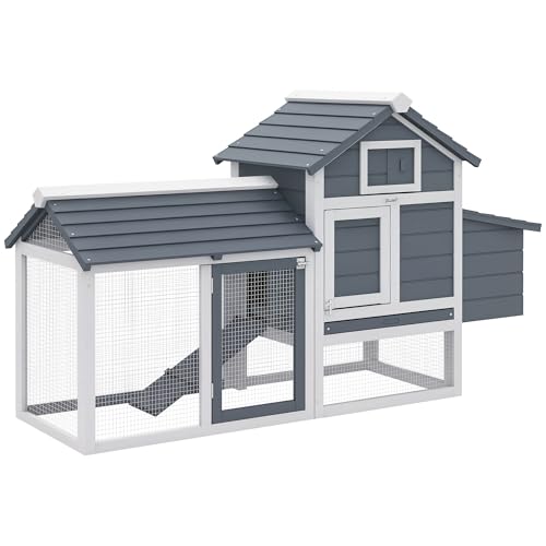 PawHut 59" Small Wooden Chicken coop Hen House Poultry Cage for Outdoor Backyard with 2 Doors, Nesting Box and Removable Tray, Gray