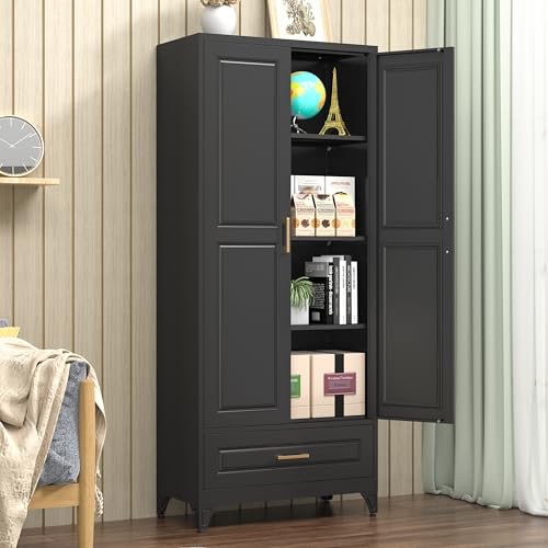 Pantry Cabinet, 71 Inch Tall Kitchen Storage Cabinet, Metal Pantry Cabinet with Doors and Adjustable Shelves, Black Food Cupboard