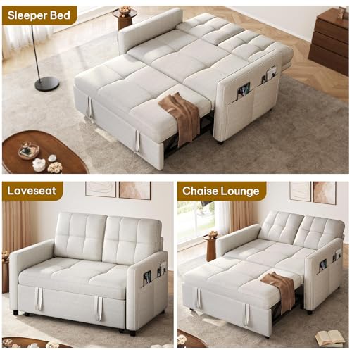 DWVO 55" Convertible Sofa Bed, 3-in-1 Sleeper Sofa with Pull-Out Bed, Linen Futon Couch with Adjustable Backrest and Side Pocket