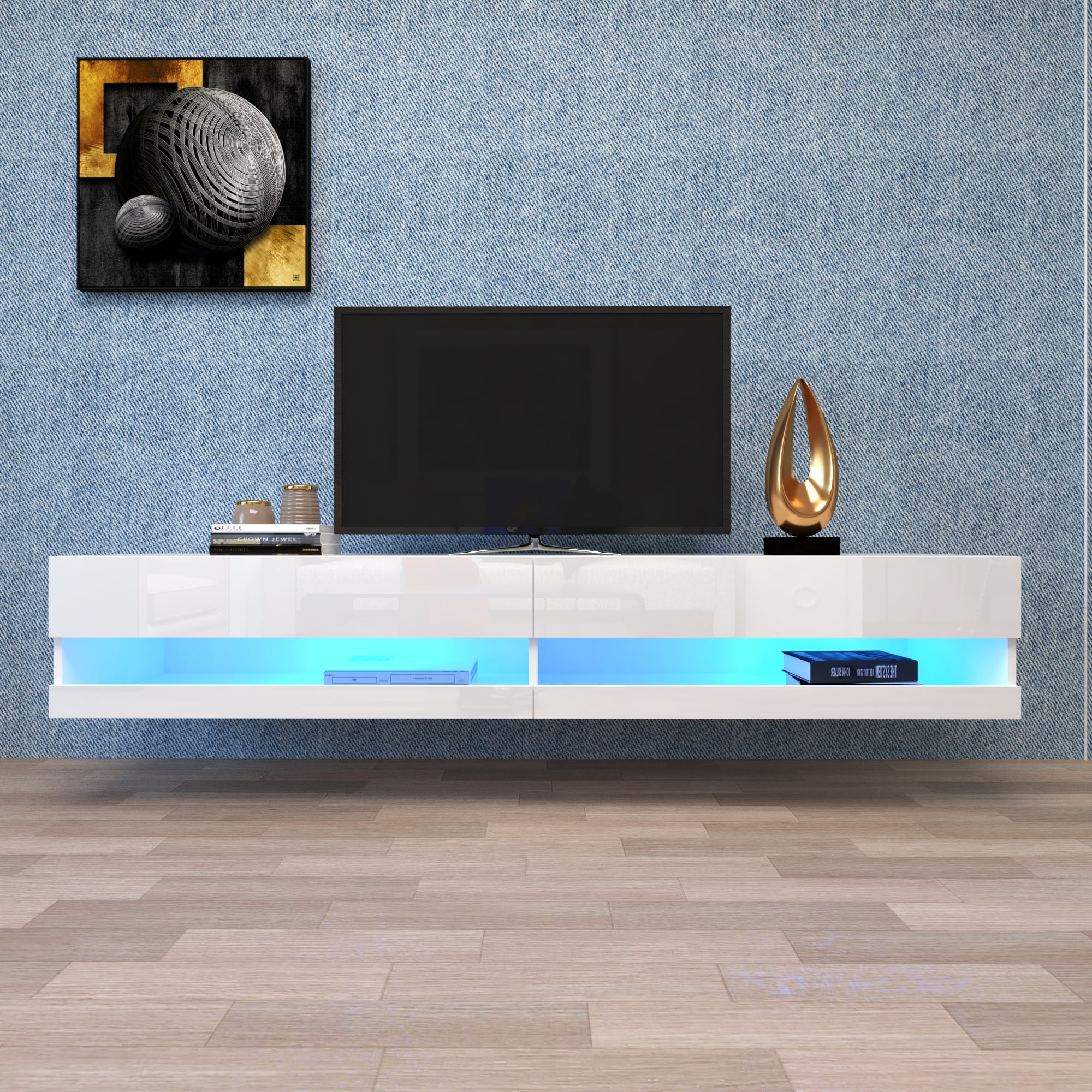 180 Wall Mounted Floating 80" TV Stand with 20 Color LEDs White Entertainment Center TV Console Storage Cabinets for Living Room Bedroom