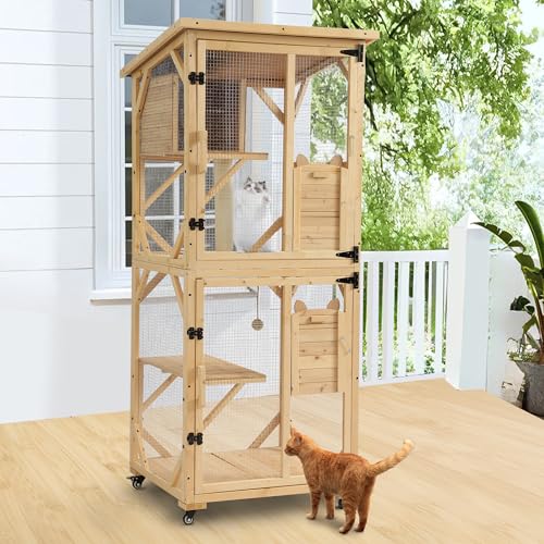 MAGIC UNION 71" Catio Outdoor Cat Enclosure Window Access, 4 Tiers Cats Playpen Catio with Wheels, Resting Box & Waterproof Roof