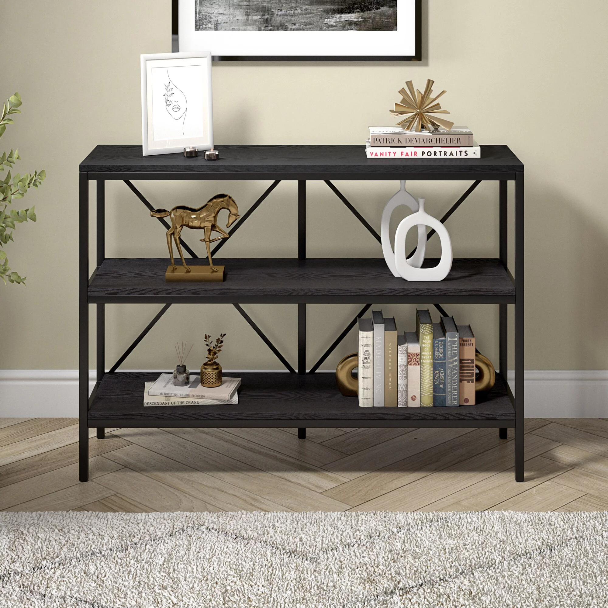 Evelyn&Zoe Kira 64" Wide Rectangular Console Table, Blackened Bronze/Black Grain