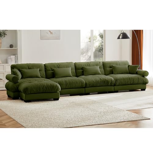 130" Modular Sectional Sofa,Velvet Upholstered Couches for Living Room,3 Seater Green Sofa Couch with Movable Ottoman