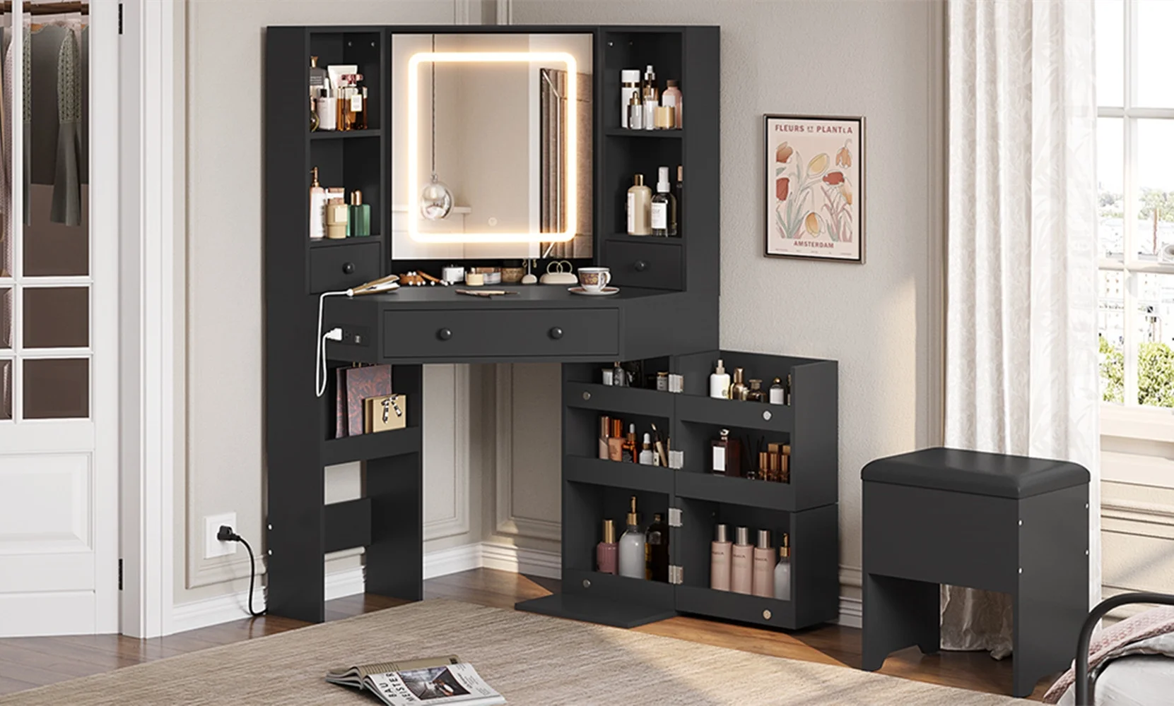 Corner Vanity Desk with LED Lighted Mirror & Rotating Shelves & Charging Station,Makeup Vanity Set with Mirror and Storage Stool