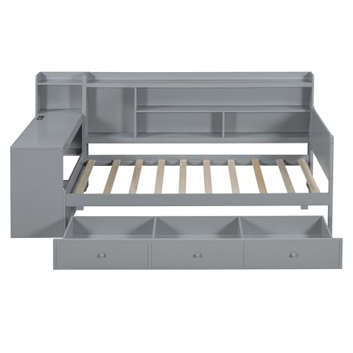 Bellemave Twin Corner Bed Frame with Storage Shelves and Desk, Wood Twin Size Daybed with Bookcase and Drawers and Storage, Gray