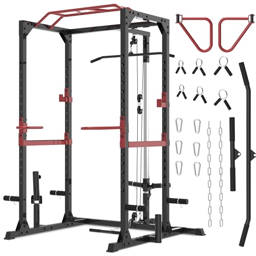 Fitness Reality Power Cage Squat Rack with Optional LAT Pulldown, Cable Crossover, 800 lb Capacity, Multi-Grip Pull-Up Bar, Adjustable Safety Bars
