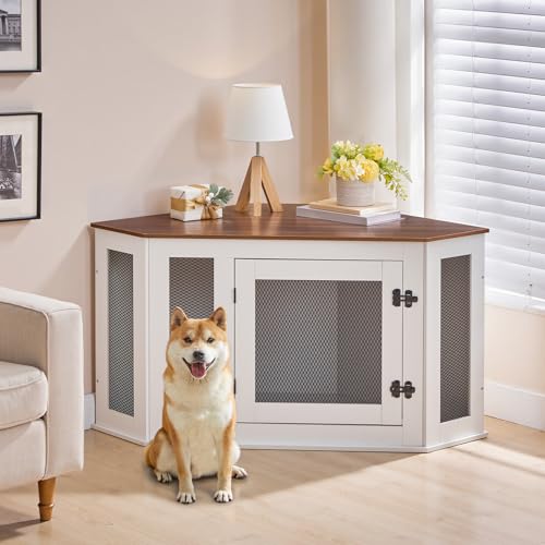 Corner Dog Crate Furniture, Wooden Dog Kennel End Table, Decorative Pet Crate Indoor Use, Furniture Style Dog House for Small Medium Dog
